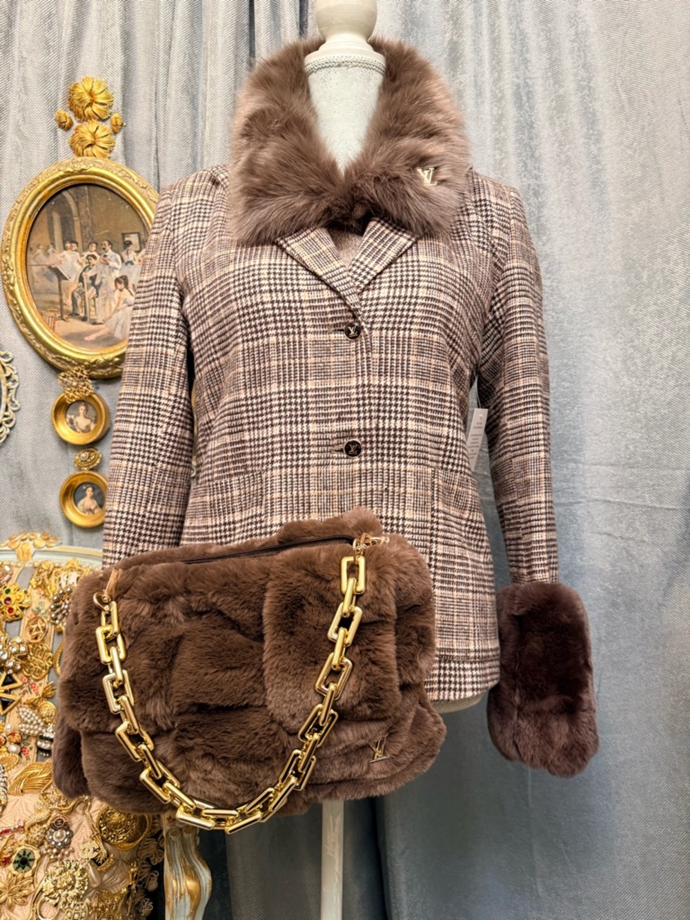 Checked Brown Faux-Fur Trim Women's Jacket with bag